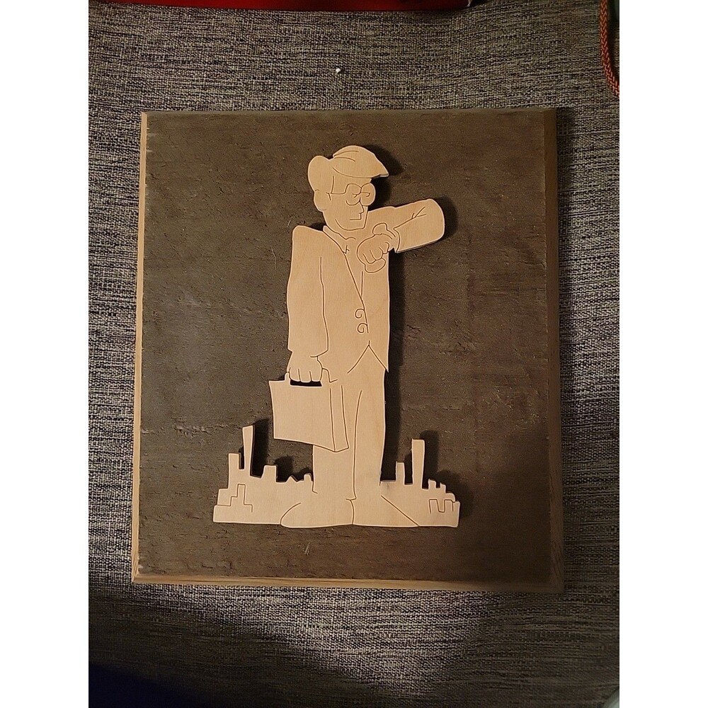Wood Art Piece Business Man Working Dad Signed Warren Flanders Wall Artist